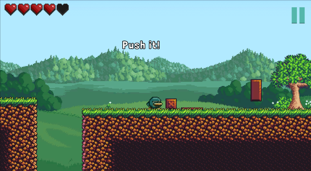 Sperio gameplay: pushing a crate across a grassy ledge